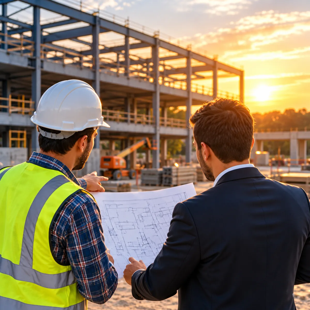 Contractor and advisor reviewing building plans